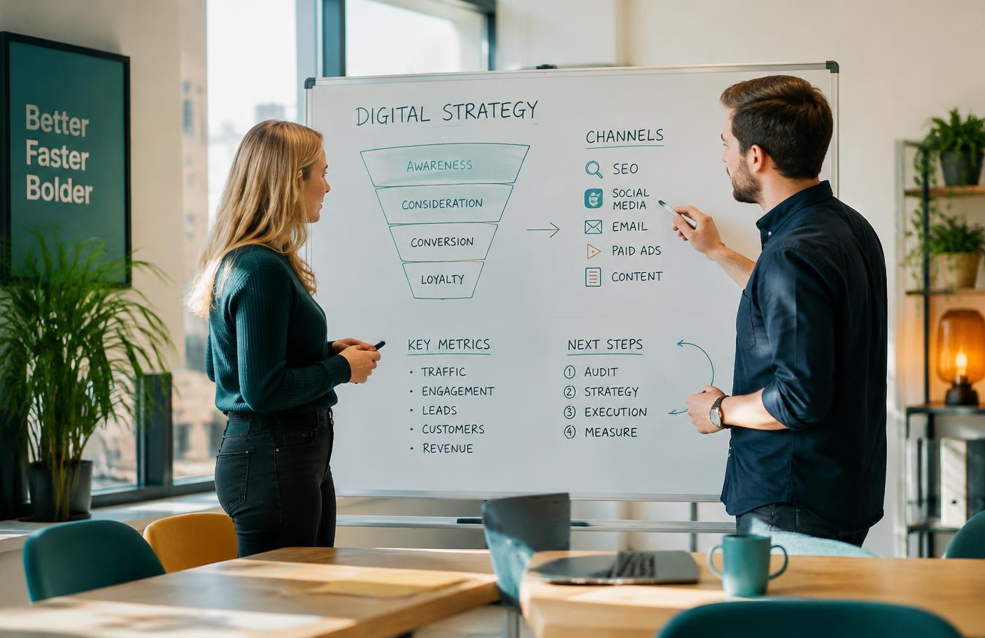 Two consultants mapping a digital marketing funnel and channels on a whiteboard