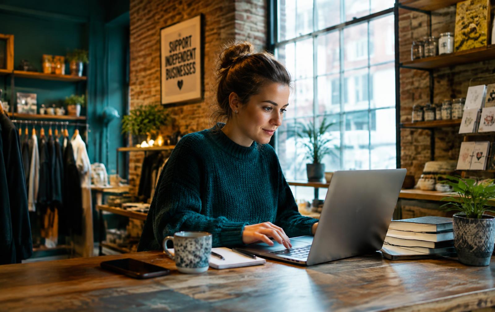 UK independent shop owner reviewing website search performance on a laptop